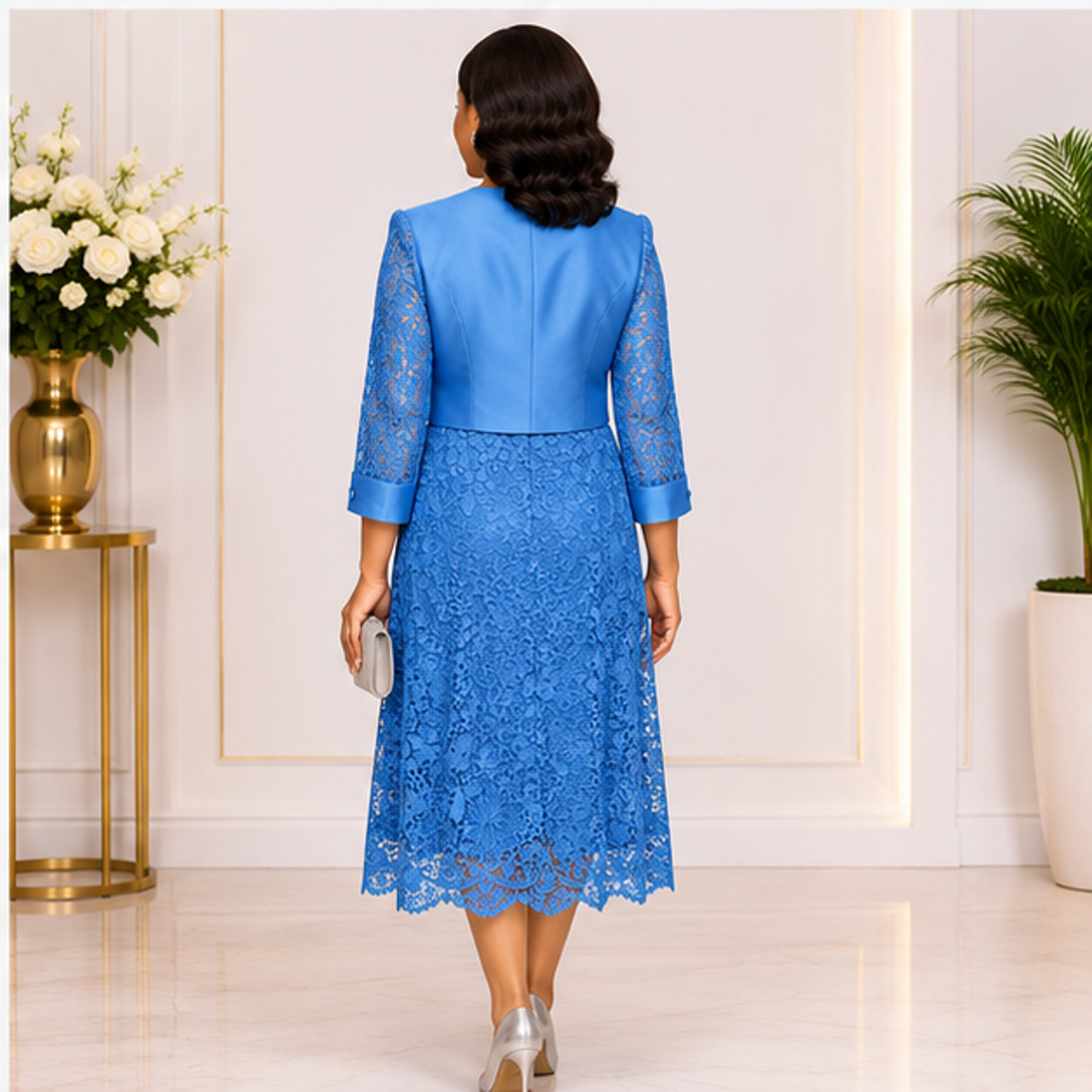 Elegant Sky Blue Lace Church Dress for Women ā Luxury Formal Midi Dress for Weddings & Special Occasions