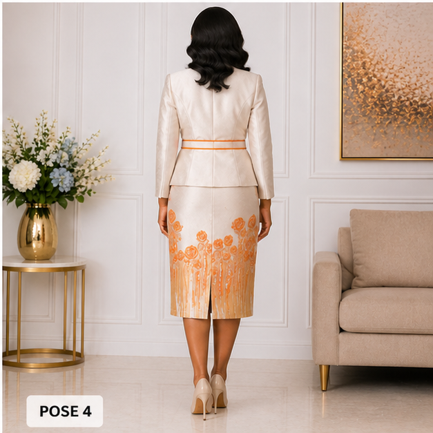Elegant Women’s 2-Piece Church Suit Set – Ivory & Orange Floral Formal Jacket Dress Outfit