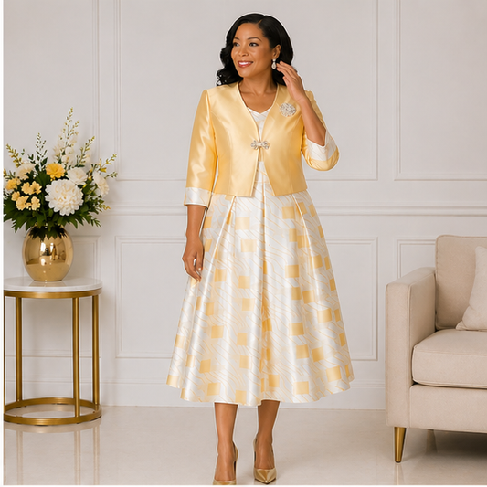 Elegant Women’s 2-Piece Church Dress Set – Gold Jacket & Ivory Midi Dress Outfit