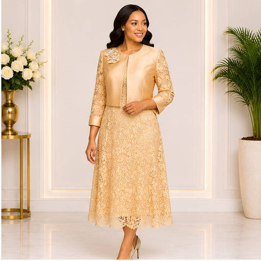 Elegant Gold Lace Church Dress for Women – Luxury Formal Midi Dress with Jacket for Weddings & Special Occasion