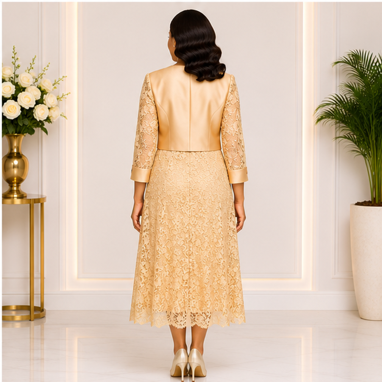 Elegant Gold Lace Church Dress for Women ā Luxury Formal Midi Dress with Jacket for Weddings & Special Occasion