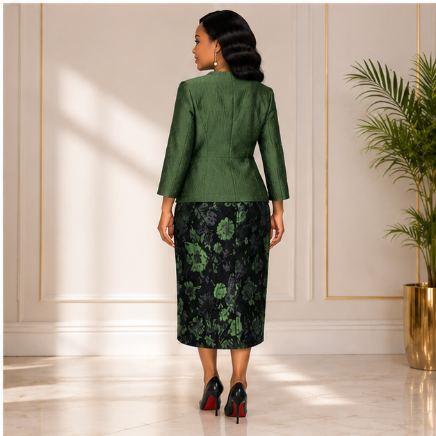 Elegant Green Floral Two-Piece Church Dress Set for Women – Formal Wedding & Special Occasion Outfit