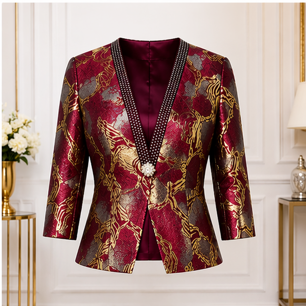 Women’s Burgundy Formal Dress with Gold Jacket – Elegant Two-Piece Set