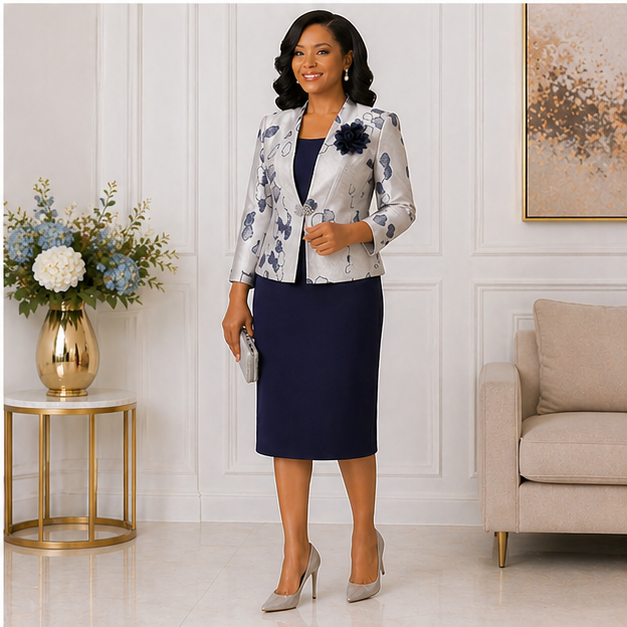 Elegant Women’s 2-Piece Church Suit Set – Navy Blue & Silver Formal Jacket Dress Outfit