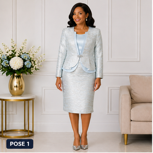Elegant Women Silver Blue Church Suit Set Formal Skirt Outfit