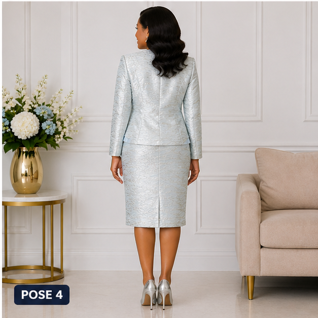 Elegant Women Silver Blue Church Suit Set Formal Skirt Outfit