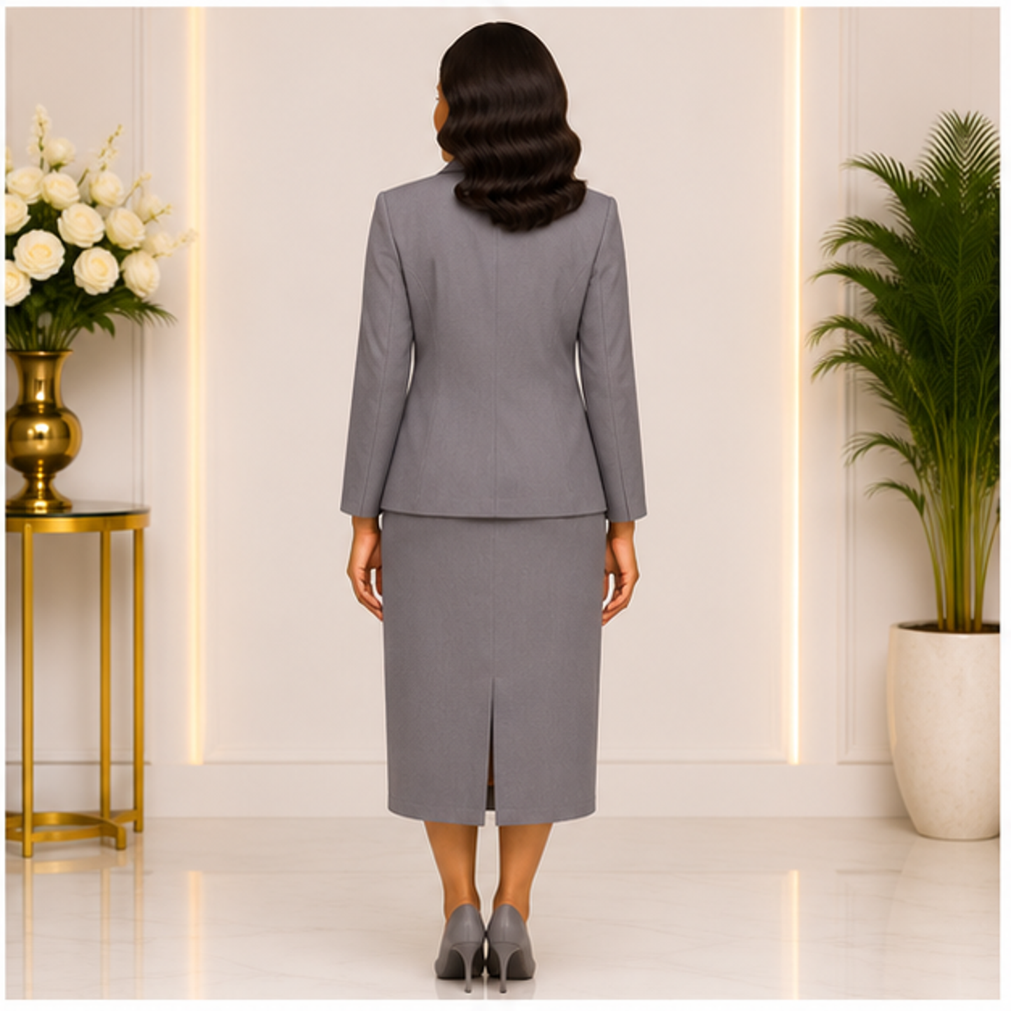 Elegant Silver Gray Church Suit for Women ā Classic Two-Piece Formal Skirt Set for Church, Business & Special Occasions