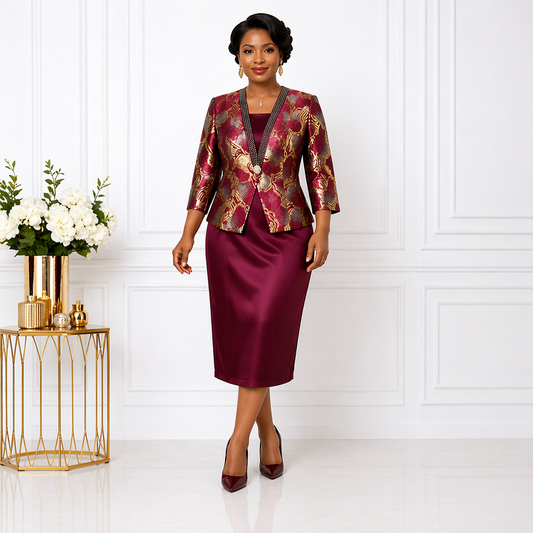 Women’s Burgundy Formal Dress with Gold Jacket – Elegant Two-Piece Set