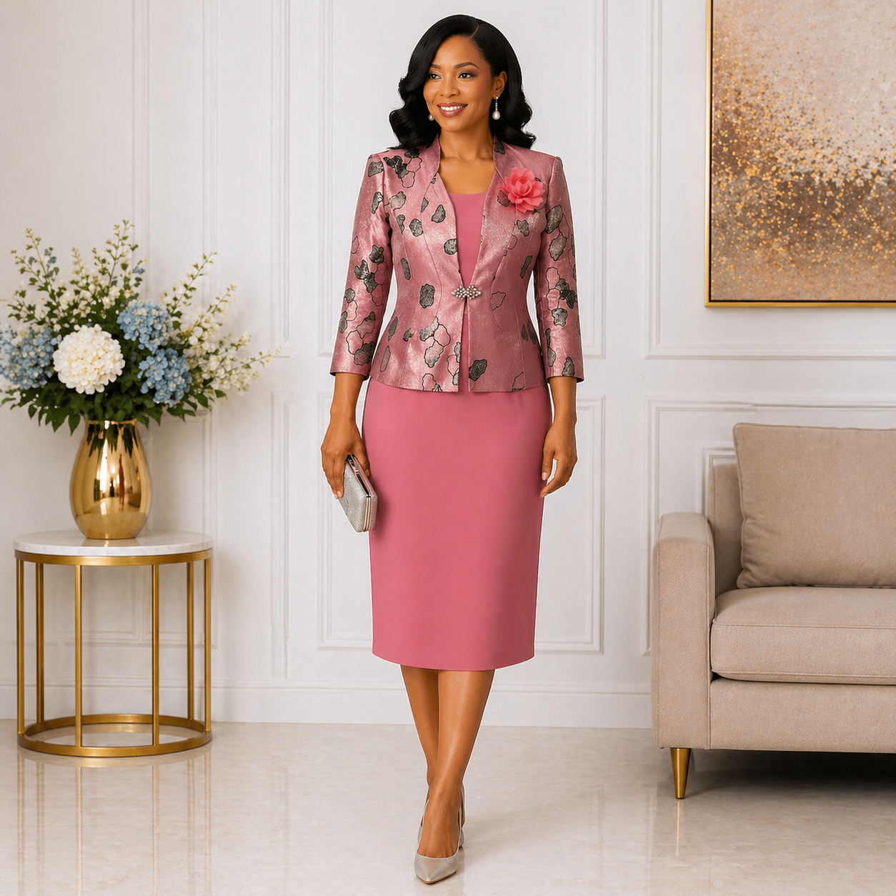 Elegant Women’s 2-Piece Church Suit Set – Rose Pink Formal Jacket Dress Outfit