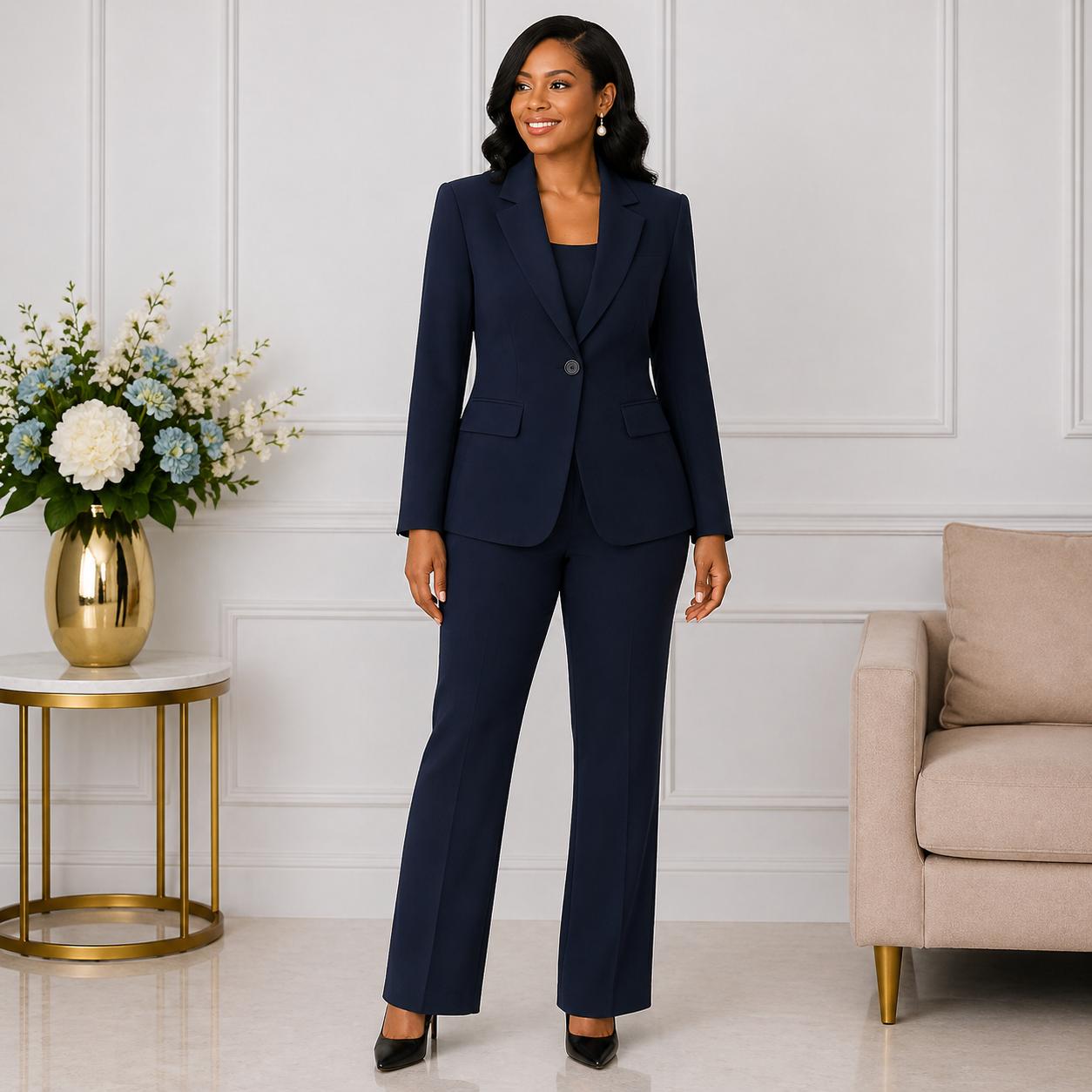 Elegant Women’s 2-Piece Pant Suit Set – Navy Blue Formal Blazer & Pants Outfit