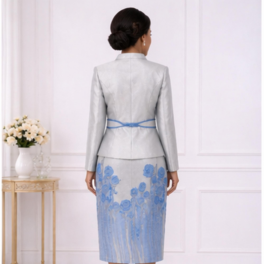 Elegant Silver & Blue Two-Piece Dress Set for Women – Church & Wedding Floral Outfit with Belt