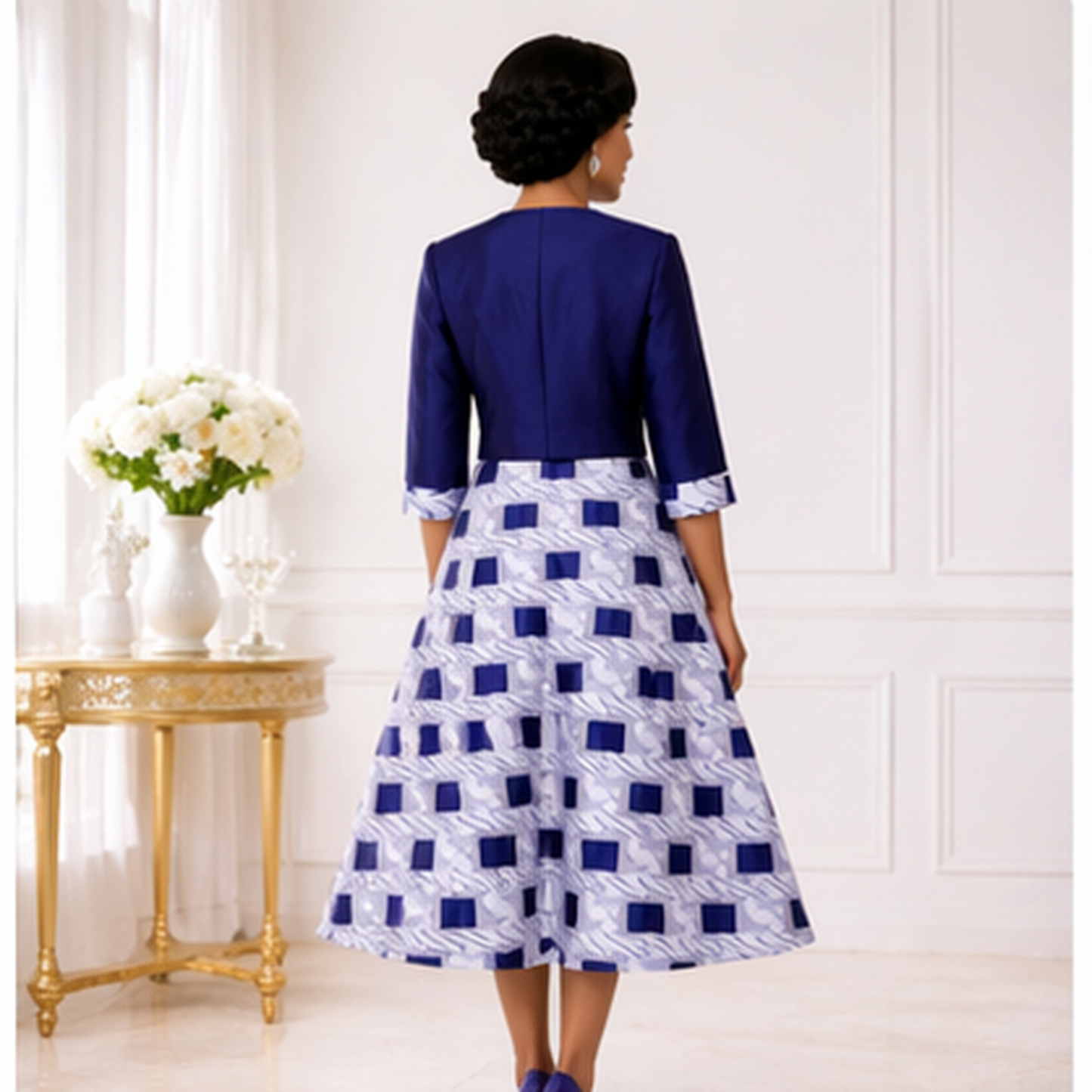 Elegant Blue & White Two-Piece Dress Set for Women – Church & Wedding A-Line Outfit with Jacket
