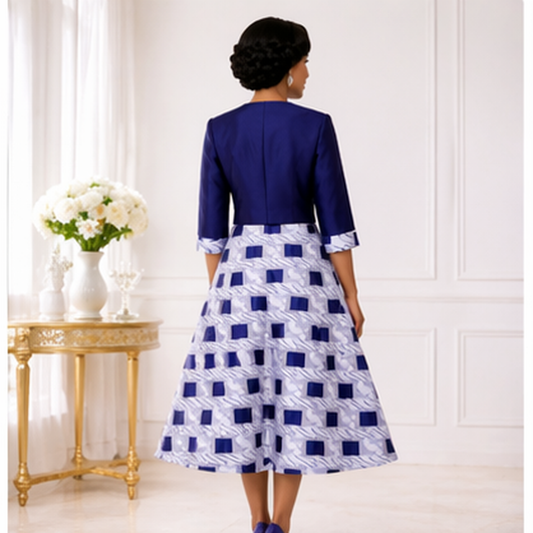 Elegant Blue & White Two-Piece Dress Set for Women – Church & Wedding A-Line Outfit with Jacket