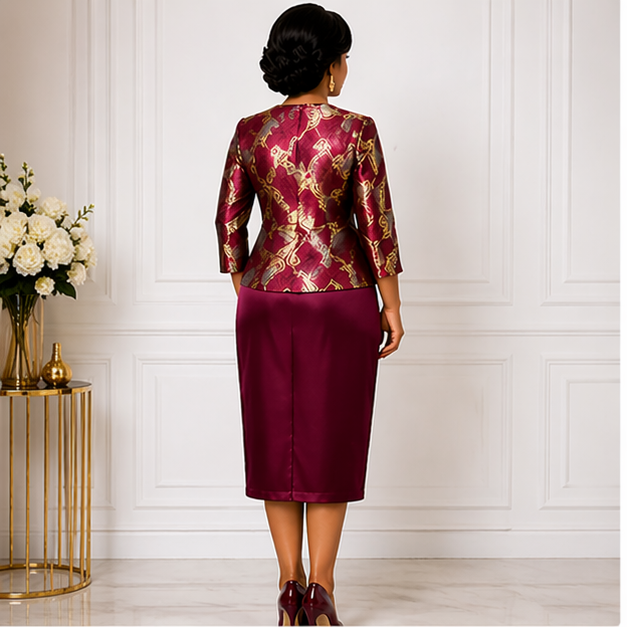 Women’s Burgundy Formal Dress with Gold Jacket – Elegant Two-Piece Set