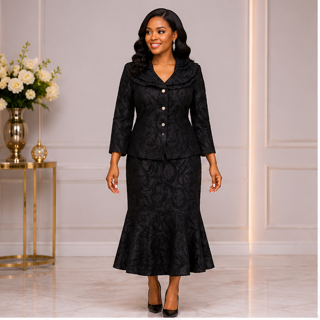 Elegant Black Mermaid Church Suit for Women – Luxury Two-Piece Formal Skirt Set for Weddings & Special Occasions