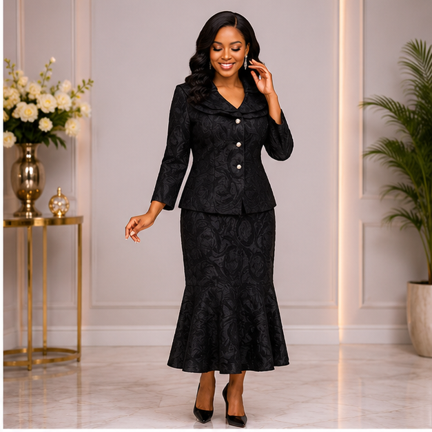 Elegant Black Mermaid Church Suit for Women – Luxury Two-Piece Formal Skirt Set for Weddings & Special Occasions