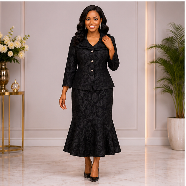 Elegant Black Mermaid Church Suit for Women – Luxury Two-Piece Formal Skirt Set for Weddings & Special Occasions