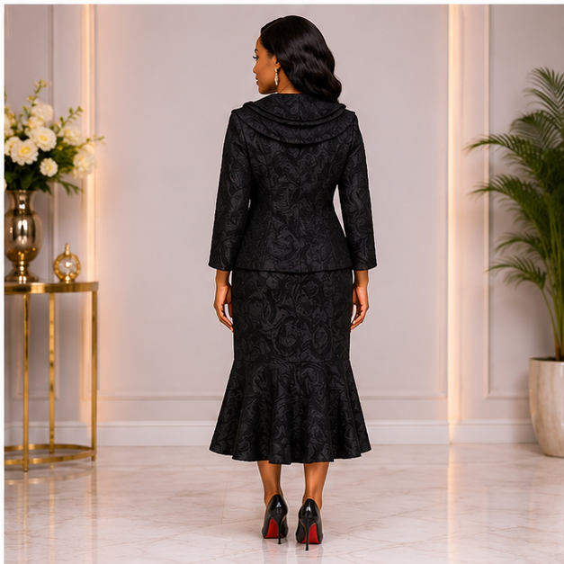 Elegant Black Mermaid Church Suit for Women – Luxury Two-Piece Formal Skirt Set for Weddings & Special Occasions