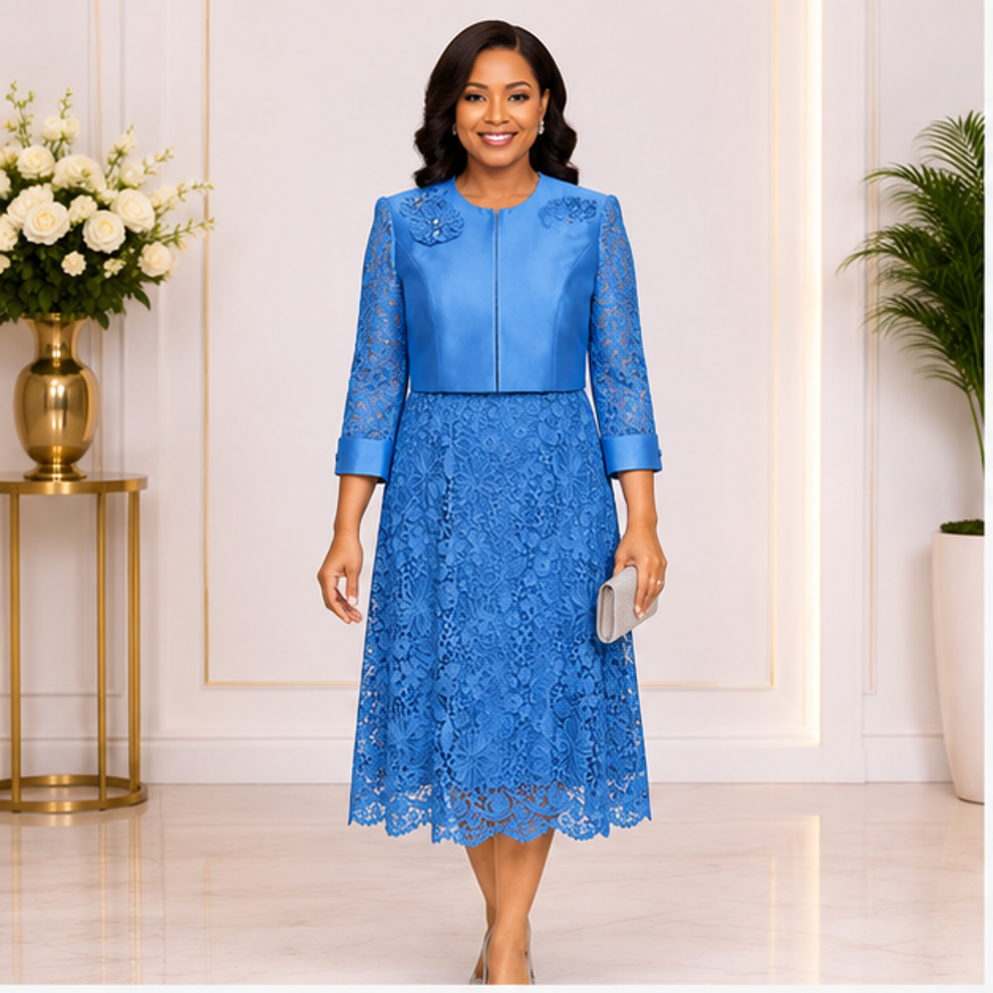 Elegant Sky Blue Lace Church Dress for Women – Luxury Formal Midi Dress for Weddings & Special Occasions