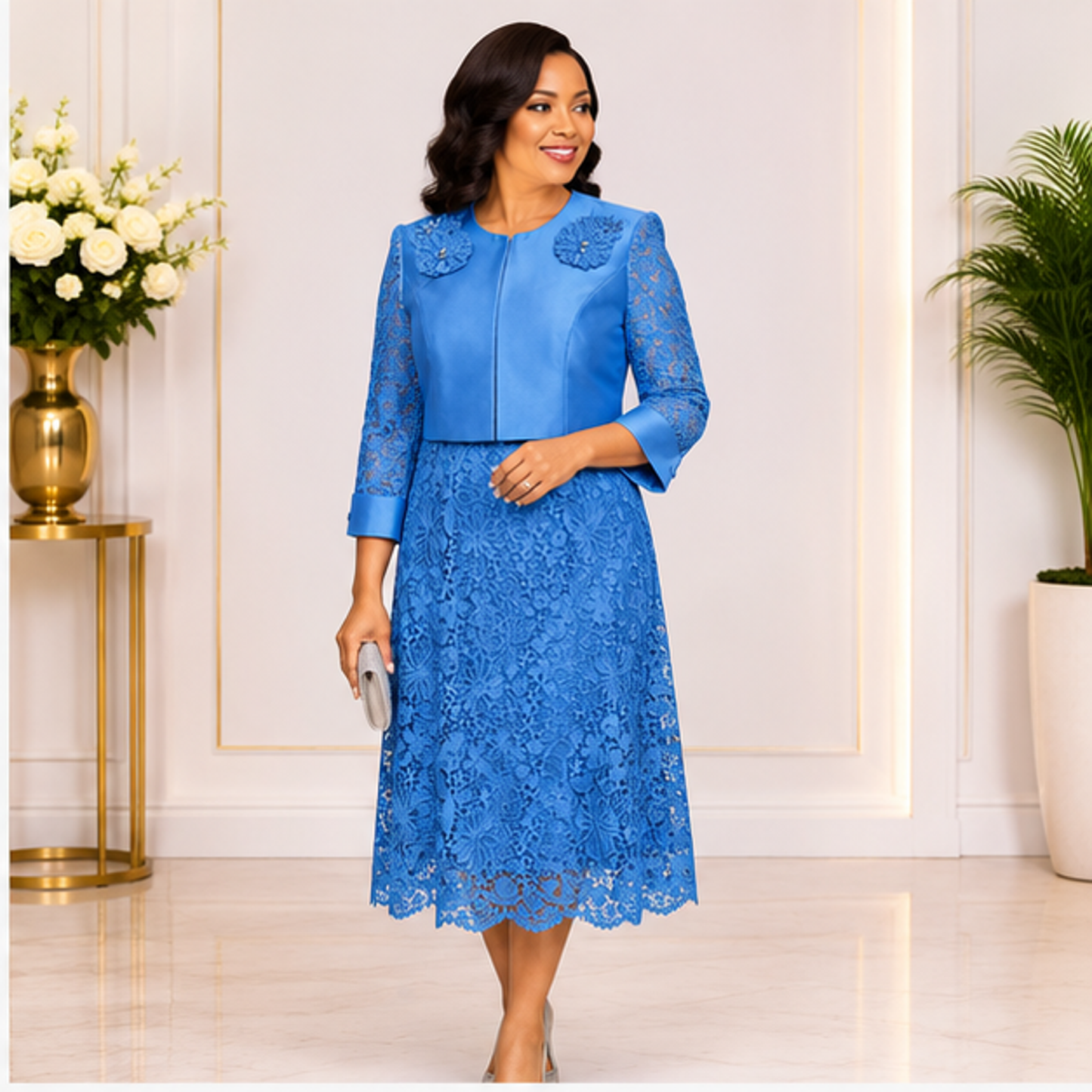 Elegant Sky Blue Lace Church Dress for Women – Luxury Formal Midi Dress for Weddings & Special Occasions
