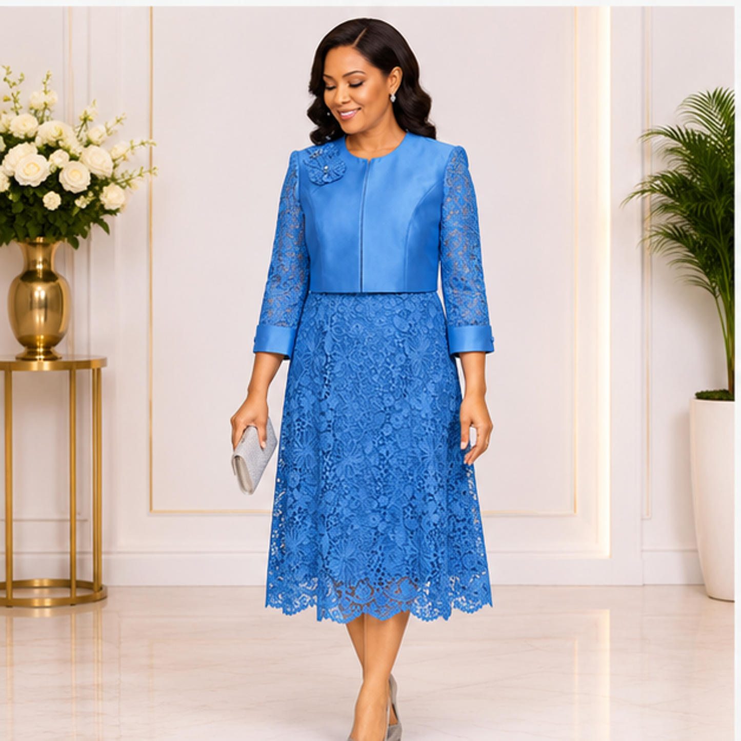 Elegant Sky Blue Lace Church Dress for Women – Luxury Formal Midi Dress for Weddings & Special Occasions