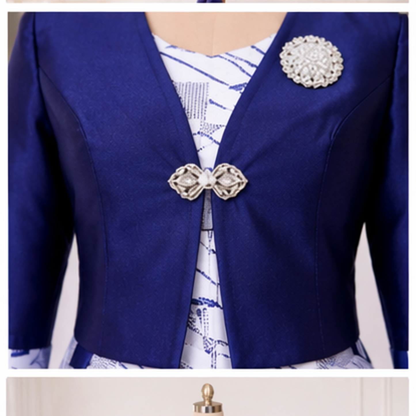 Elegant Blue & White Two-Piece Dress Set for Women – Church & Wedding A-Line Outfit with Jacket