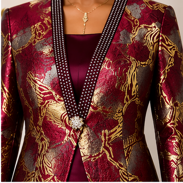 Women’s Burgundy Formal Dress with Gold Jacket – Elegant Two-Piece Set