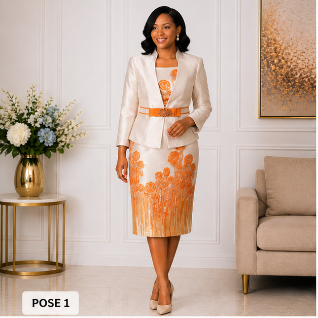 Elegant Women’s 2-Piece Church Suit Set – Ivory & Orange Floral Formal Jacket Dress Outfit