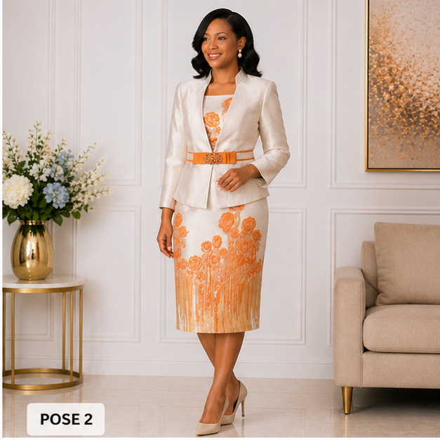 Elegant Women’s 2-Piece Church Suit Set – Ivory & Orange Floral Formal Jacket Dress Outfit