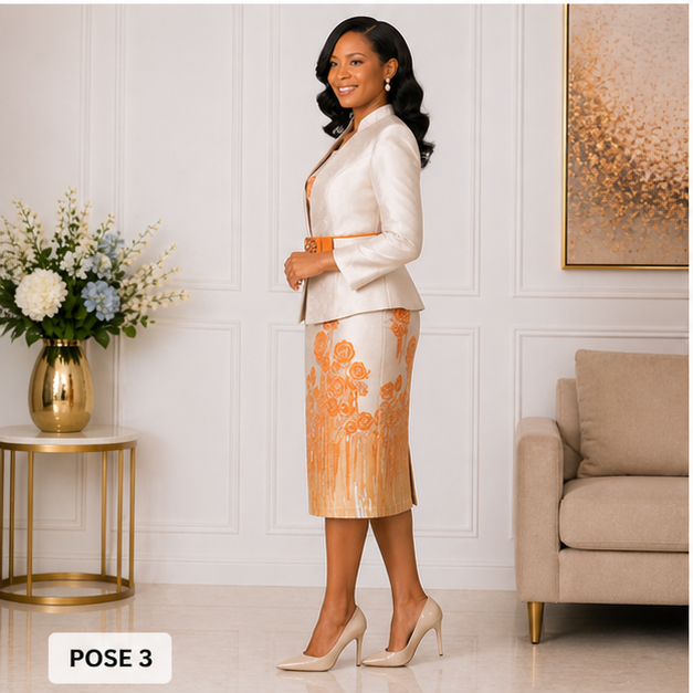 Elegant Women’s 2-Piece Church Suit Set – Ivory & Orange Floral Formal Jacket Dress Outfit