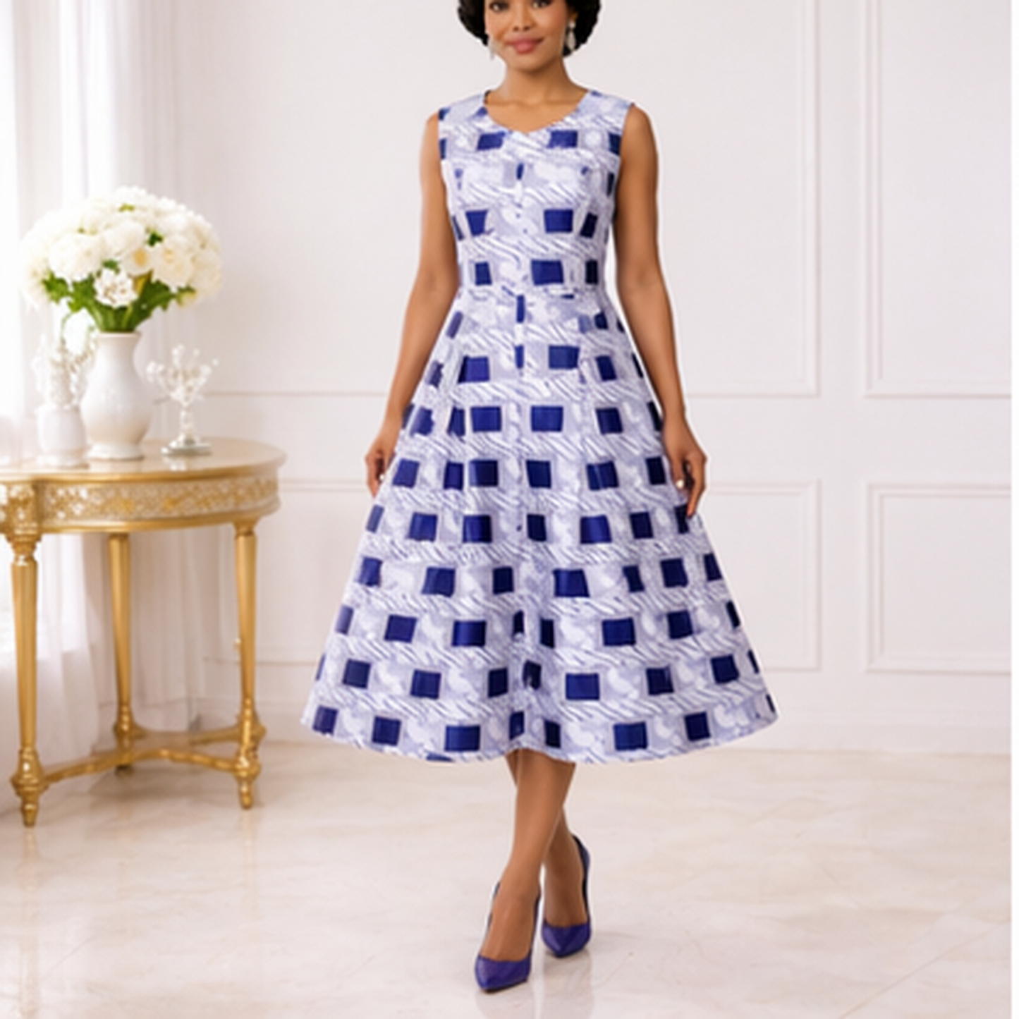Elegant Blue & White Two-Piece Dress Set for Women – Church & Wedding A-Line Outfit with Jacket