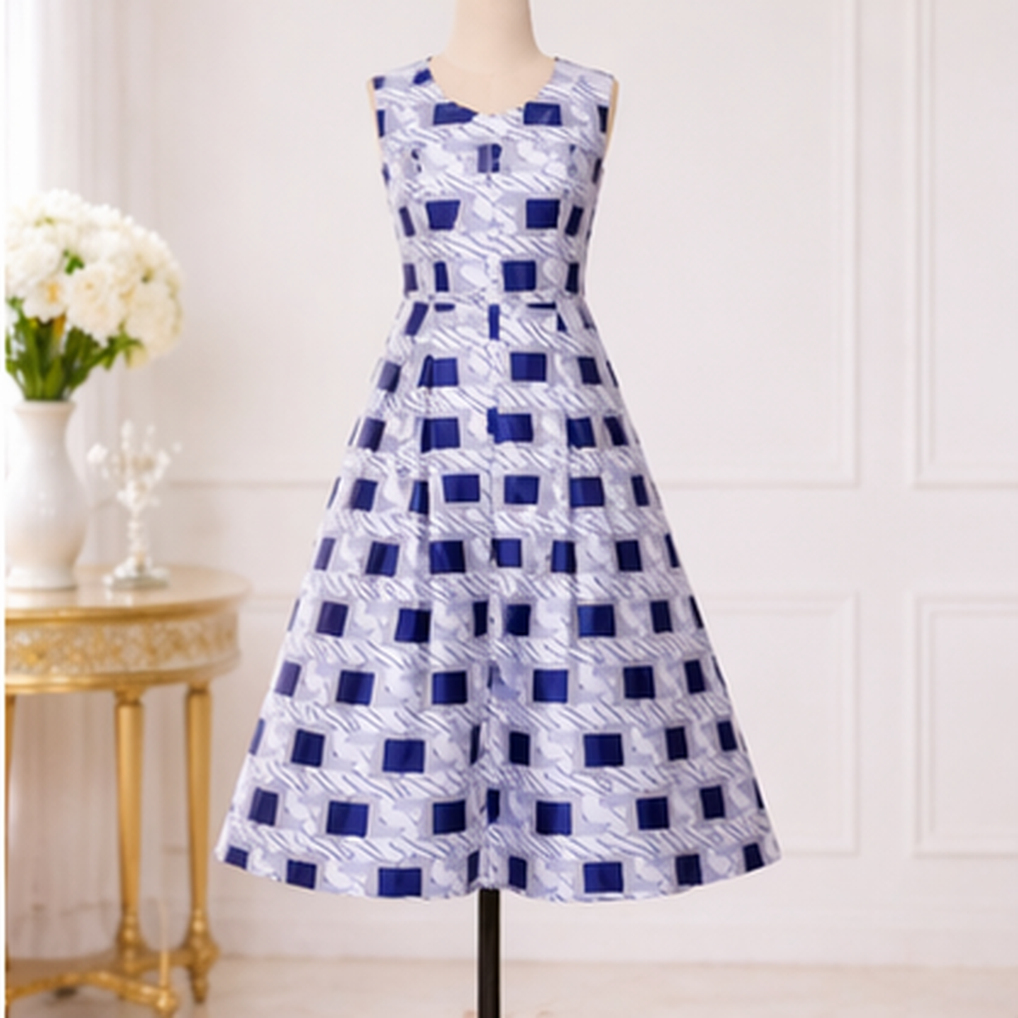 Elegant Blue & White Two-Piece Dress Set for Women – Church & Wedding A-Line Outfit with Jacket