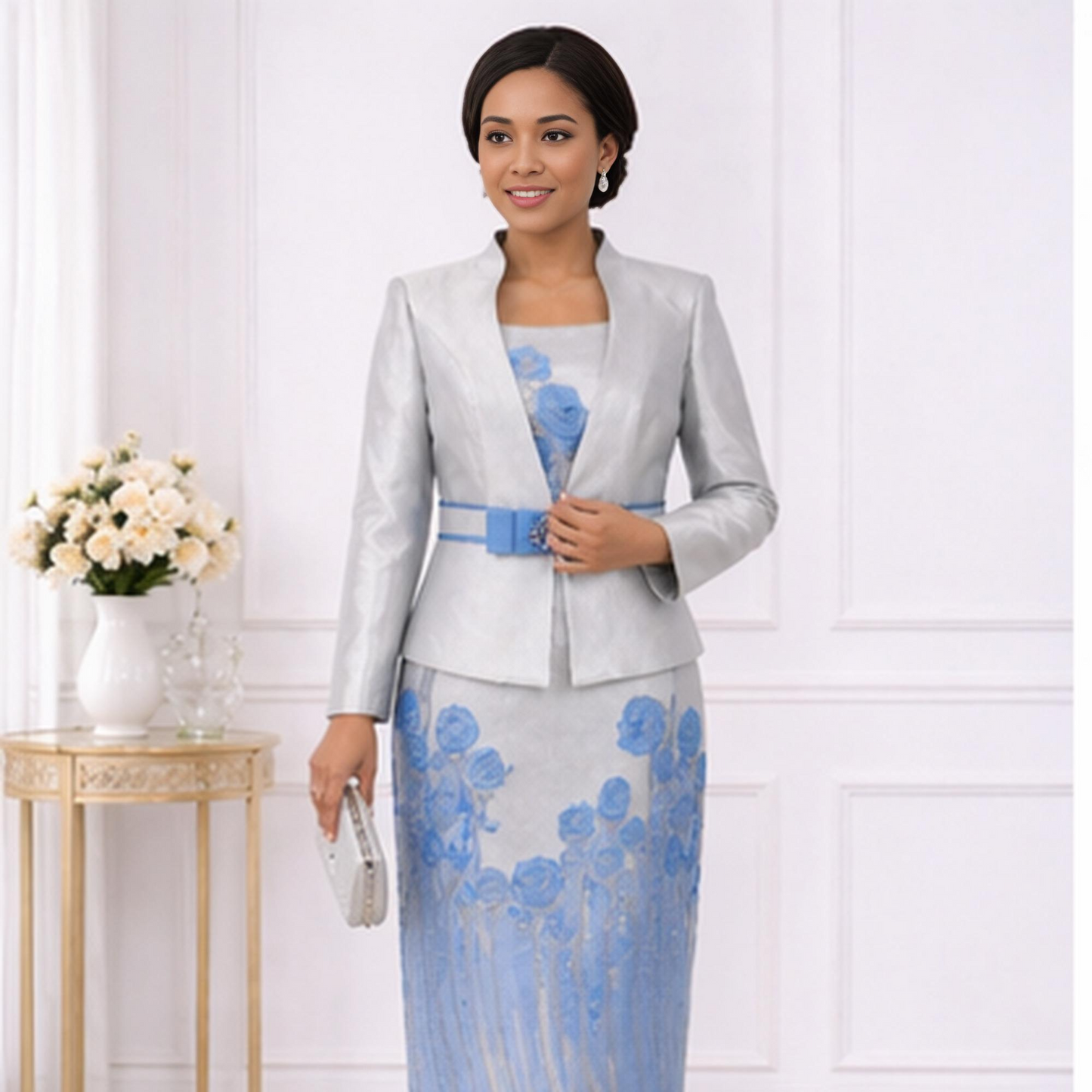 Elegant Silver & Blue Two-Piece Dress Set for Women – Church & Wedding Floral Outfit with Belt
