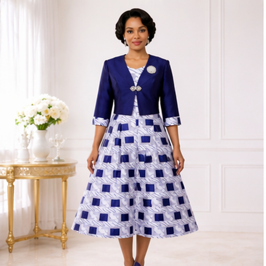 Elegant Blue & White Two-Piece Dress Set for Women – Church & Wedding A-Line Outfit with Jacket