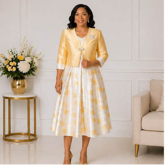 Elegant Women’s 2-Piece Church Dress Set – Gold Jacket & Ivory Midi Dress Outfit