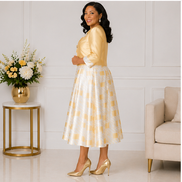 Elegant Women’s 2-Piece Church Dress Set – Gold Jacket & Ivory Midi Dress Outfit