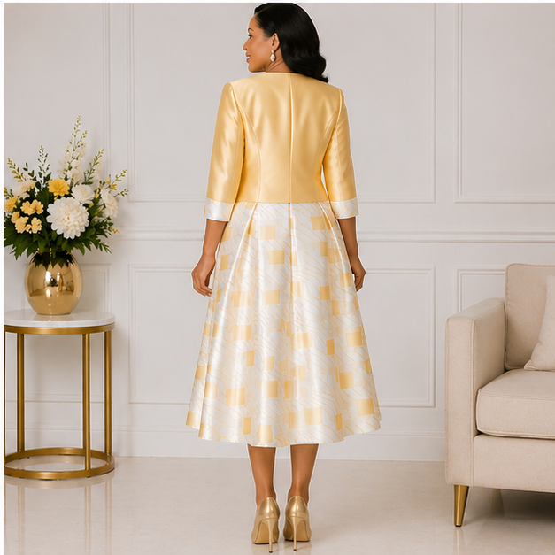 Elegant Women’s 2-Piece Church Dress Set – Gold Jacket & Ivory Midi Dress Outfit