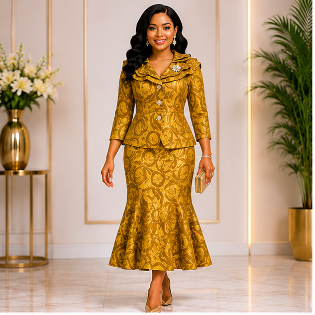 Royal Elegance Gold Jacquard Dress Set – Luxury Mermaid Skirt Suit for Women