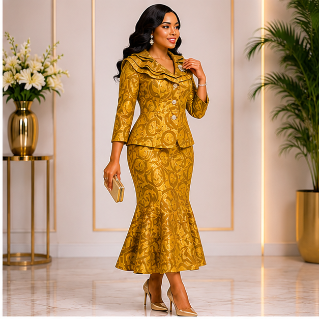 Royal Elegance Gold Jacquard Dress Set – Luxury Mermaid Skirt Suit for Women