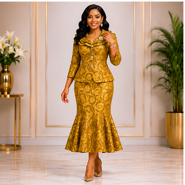 Royal Elegance Gold Jacquard Dress Set – Luxury Mermaid Skirt Suit for Women