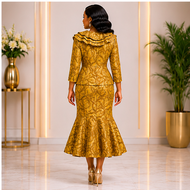 Royal Elegance Gold Jacquard Dress Set – Luxury Mermaid Skirt Suit for Women