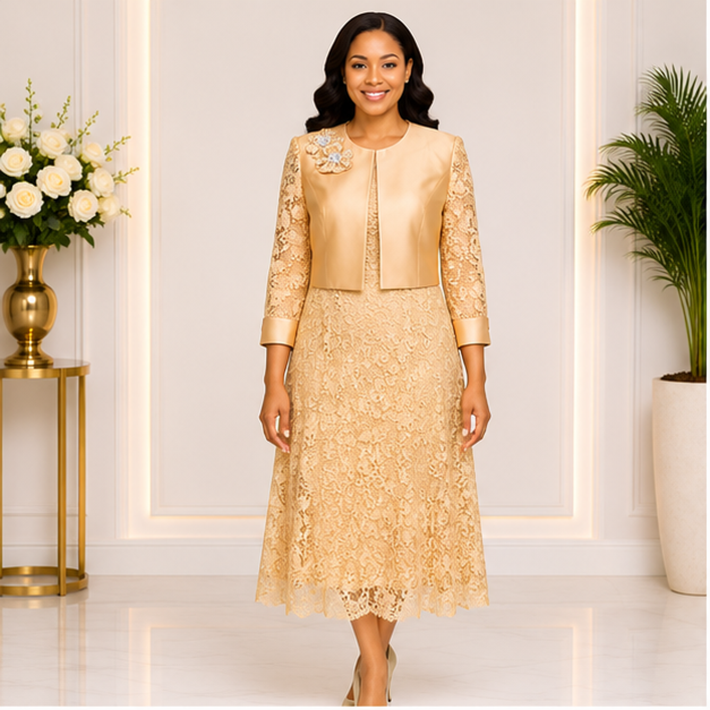Elegant Gold Lace Church Dress for Women – Luxury Formal Midi Dress with Jacket for Weddings & Special Occasion