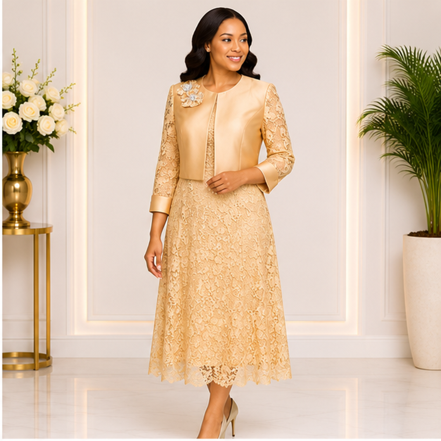 Elegant Gold Lace Church Dress for Women – Luxury Formal Midi Dress with Jacket for Weddings & Special Occasion