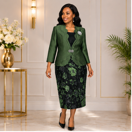 Elegant Green Floral Two-Piece Church Dress Set for Women – Formal Wedding & Special Occasion Outfit