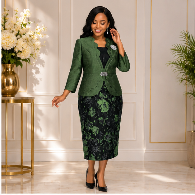 Elegant Green Floral Two-Piece Church Dress Set for Women – Formal Wedding & Special Occasion Outfit