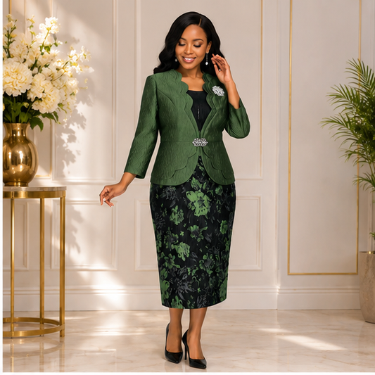 Elegant Green Floral Two-Piece Church Dress Set for Women – Formal Wedding & Special Occasion Outfit