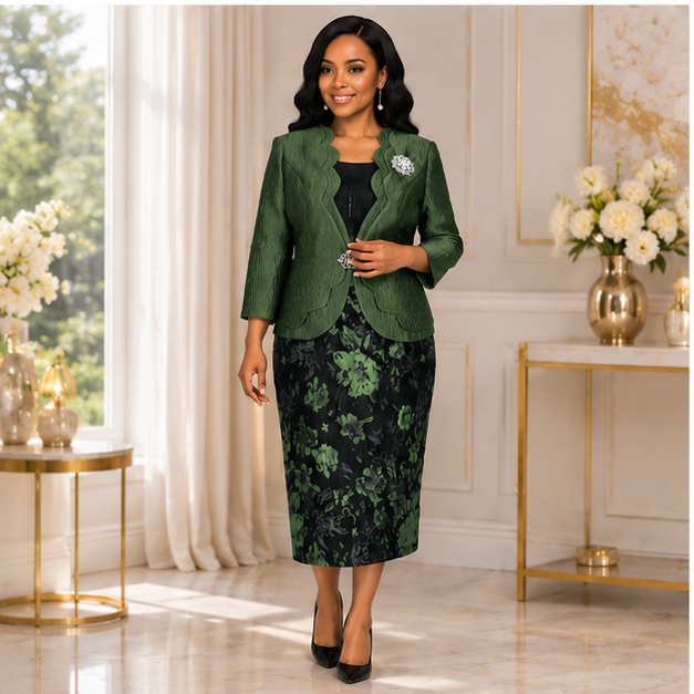 Elegant Green Floral Two-Piece Church Dress Set for Women – Formal Wedding & Special Occasion Outfit