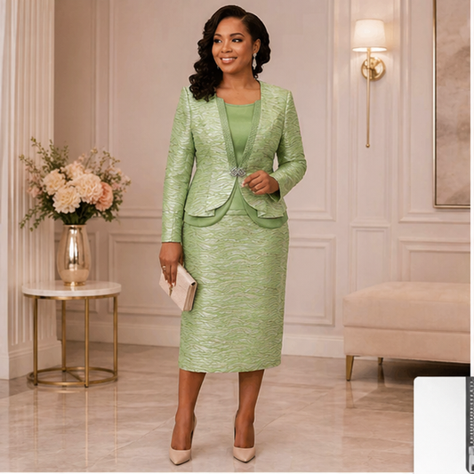 Elegant Women’s 3-Piece Church Suit Set – Lime Green Formal Skirt Outfit
