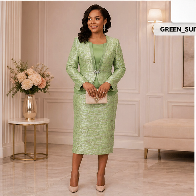 Elegant Women’s 3-Piece Church Suit Set – Lime Green Formal Skirt Outfit
