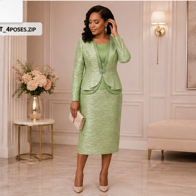 Elegant Women’s 3-Piece Church Suit Set – Lime Green Formal Skirt Outfit